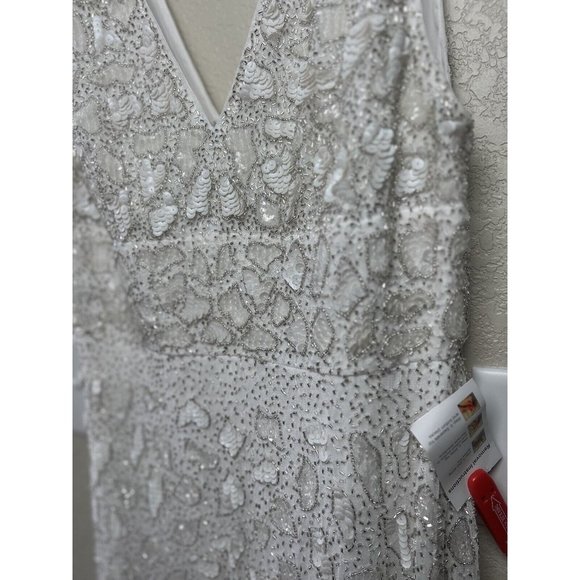 Mac Duggal Hand Embellished Beaded Gown With Train White 10814 Size 8 New - Picture 11 of 15